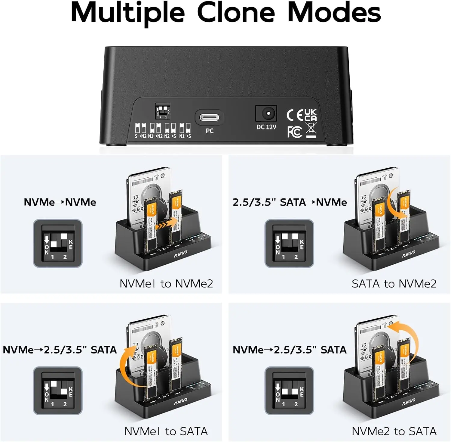 MAIWO 3베이 하드 드라이브 도킹 스테이션 10Gbps, M.2 NVMe SSD 인클로저, 2.5인치/3.5인치 HDD 케이스, PC/노트북용 오프라인 클론 기능 탑재
