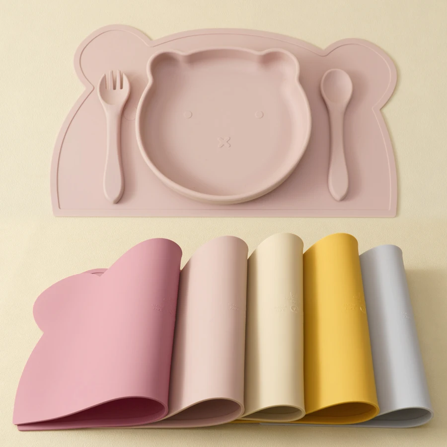 4PCS Baby Silicone Dishes Set Waterproof Placemat Suction Cartoon Bear Plate Soft Fork Spoon Feeding Learning Baby Stuff 5
