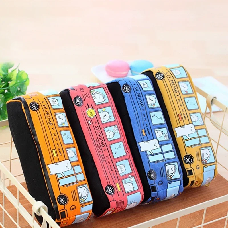 Cartoon Bus Pencil Bag Canvas Large Capacity Car Zipper Pen Pencilcase for Student Stationery School Supplies