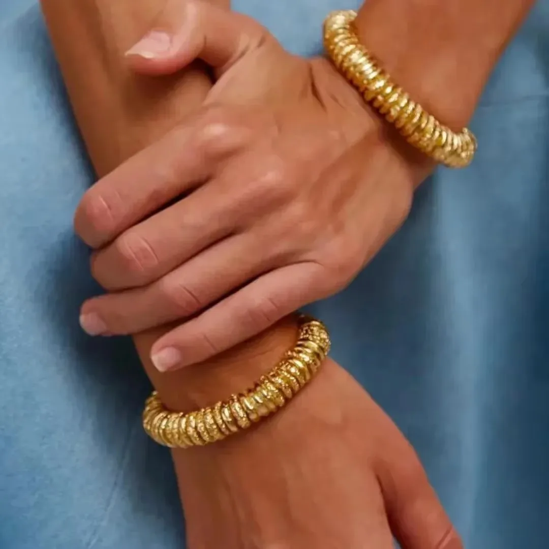 Exaggerate Stainless Steel Lava Textured Bangle Opening Multi-layer Metal Thick Open Bracelet 18K Gold Plated Femal Punk Jewelry