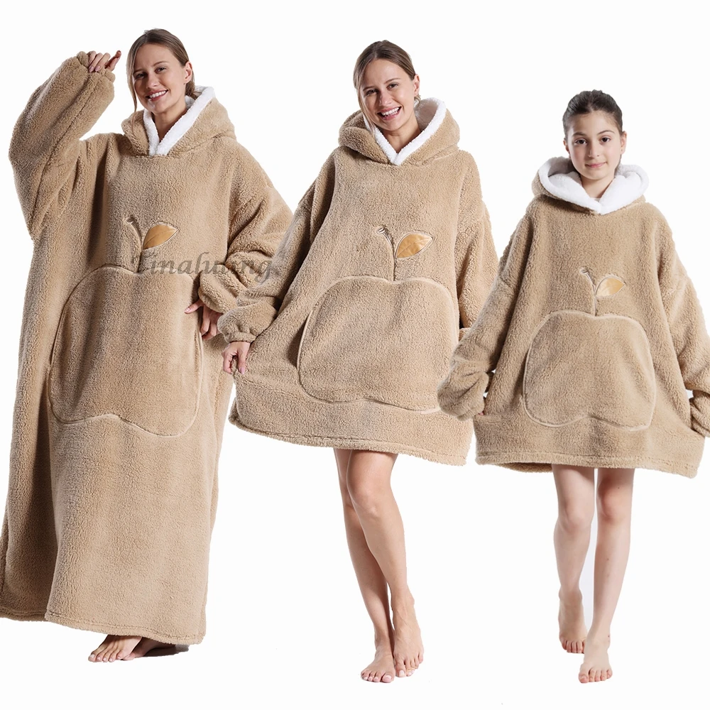 Soft Flannel Apple Emboridery Winter Warm Flannel Wearable TV Blankets Kids Bathrobe Family Matching Oversized Hoodies Sherpa