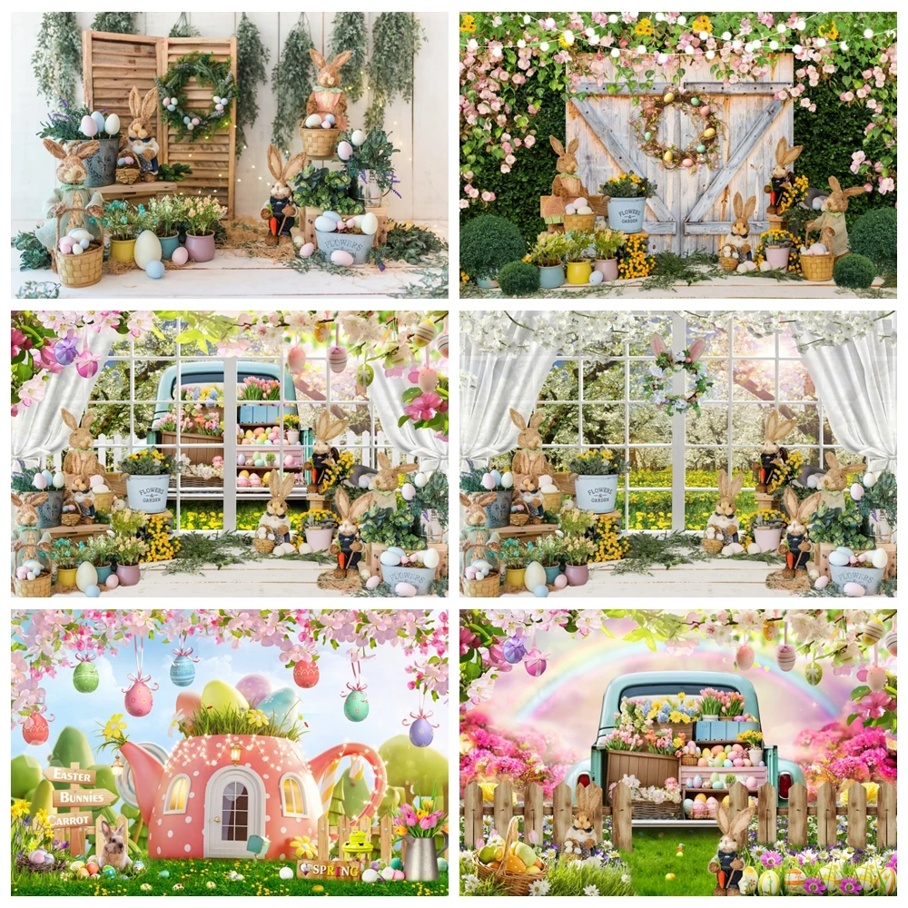 

Spring Easter Photography Backdrop 2024 Happy Easter Eggs Bunny Green Grass Garden Flower Rabbit Baby Portrait Photo Background