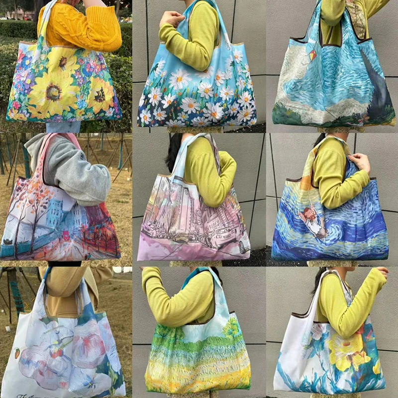새로운 패션 가방 접이식 쇼핑 가방 재사용 가능한 식료품 저장 가방 나일론 휴대용 어깨 핸드백 여행 토트 백