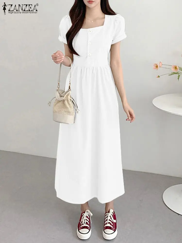 

Платье ZANZEA женское белое элегантное, винтажный сарафан с эластичным поясом, модный Повседневный Сарафан с квадратным вырезом и коротким рукавом, на пуговицах