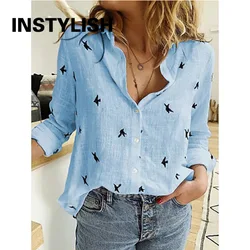 Elegant Cotton and Linen Vintage Oversized Tops Women Casual Long Sleeve Birds Print Loose Blouses and Shirts Streetwear Tunic