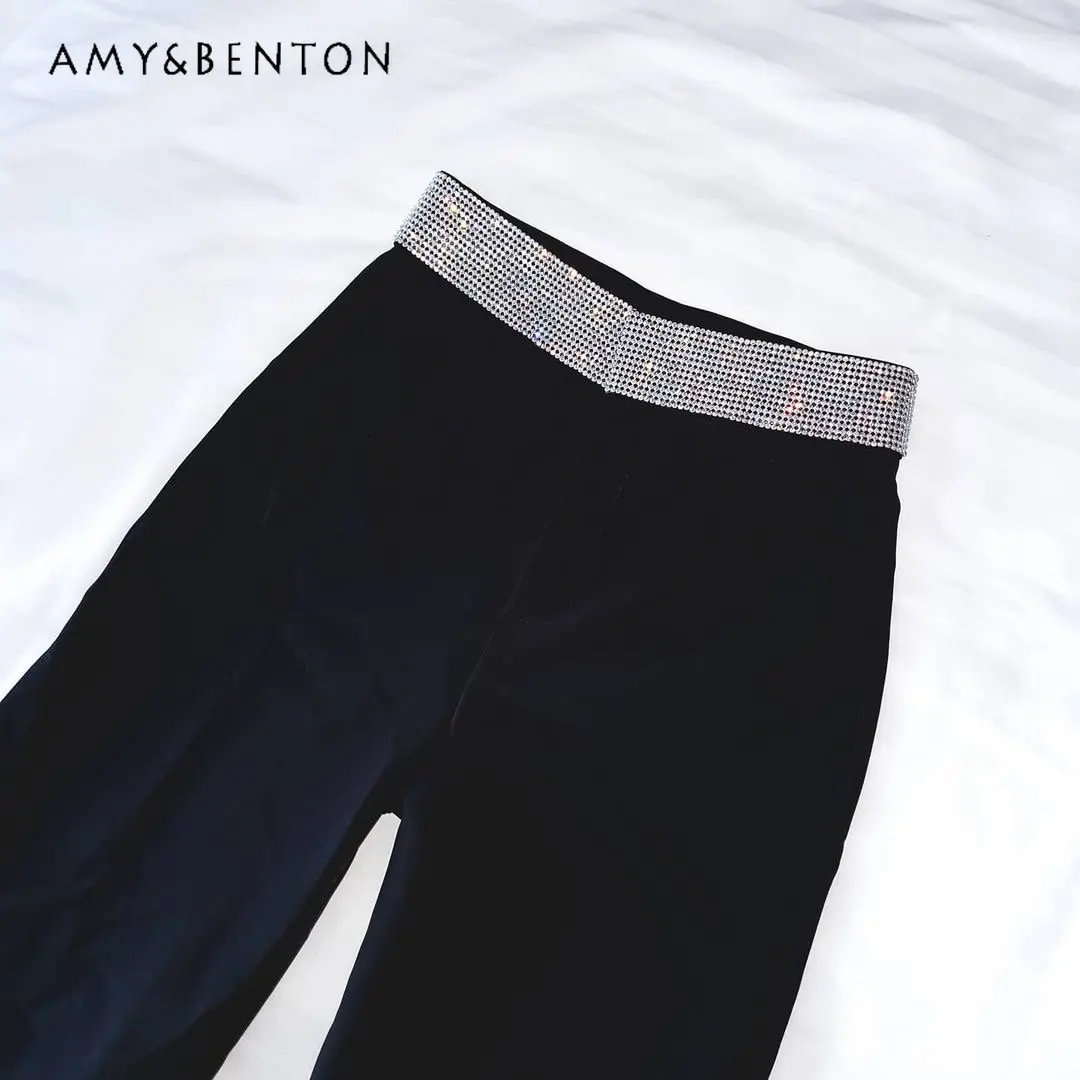 

Брюки женские с драпировкой, свободные прямые повседневные длинные штаны с завышенной талией, с бриллиантами, весна-лето