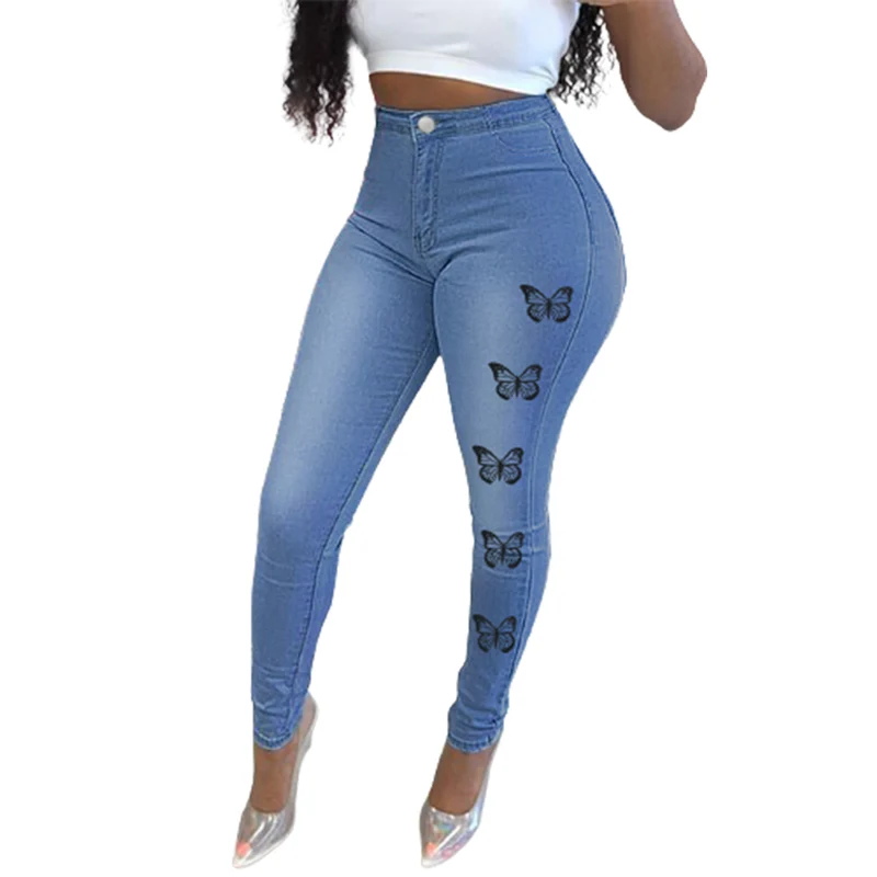 Fashion Single Row Butterfly Print Pencil Jeans Women Sexy Hip Lift Tight Stretch Denim Pants Female Trousers Casual Streetwear vintage trousers denim shorts pants washed women fashion tassel ripped hole tight five point pocket summer thin midi jeans 2022