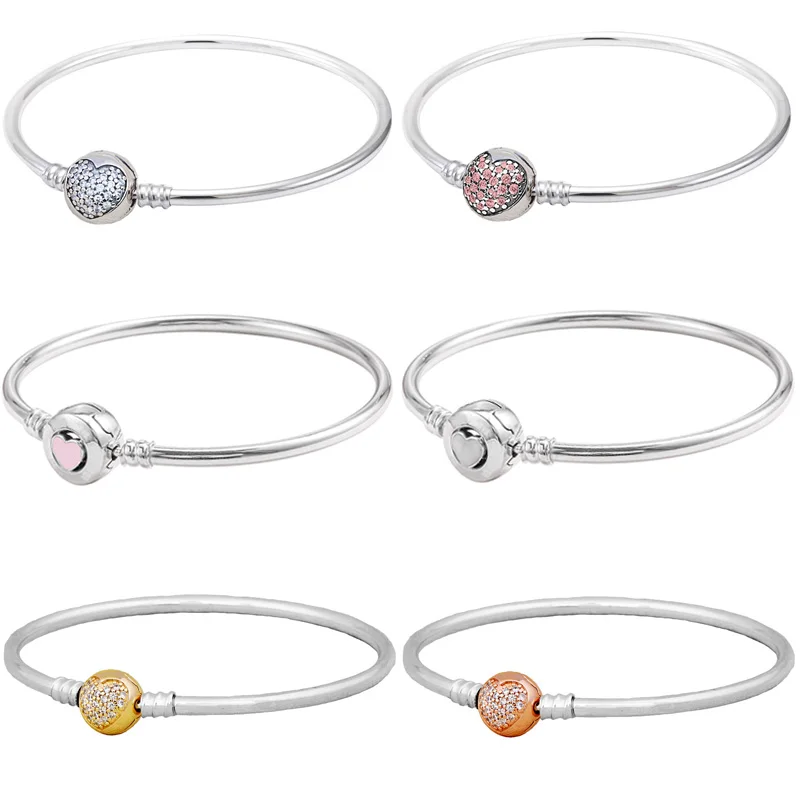Originale 925 Sterling Silver Pink Wonderful Love Heart Clasp Snake Chain Bangle For Popular Bracciale Bead Charm Gioielli Fai Da Te