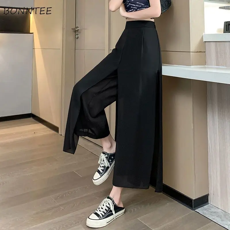 

Wide-leg Pants Women Black Plus Size High Waist Ankle-length Chiffon Patchwork Solid Korean Style Breathable A-line Leisure Chic