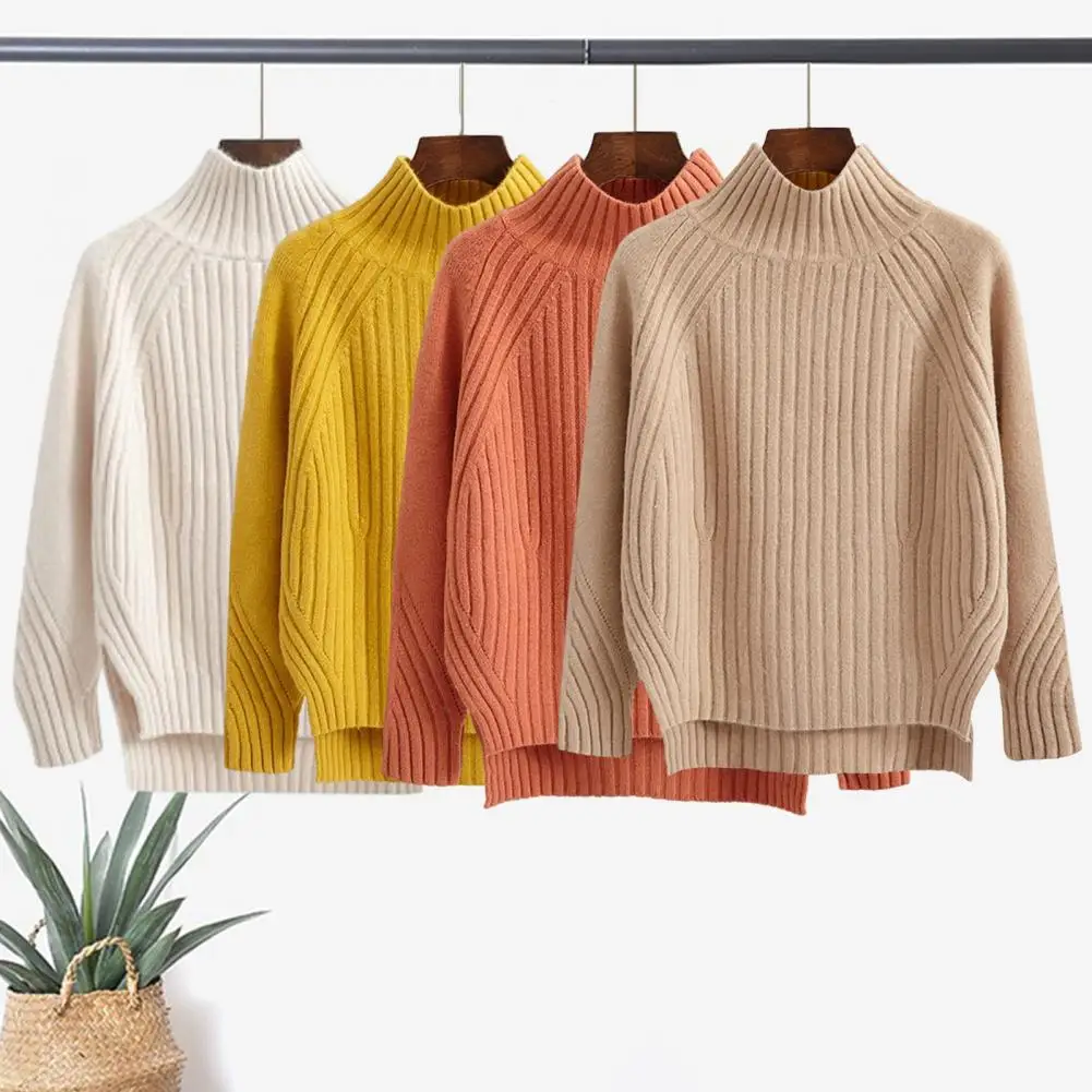 

Women Sweater Cozy Half-high Collar Sweater for Women Soft Knitted Pullover with Irregular Split Hem Thick Warm for Ladies