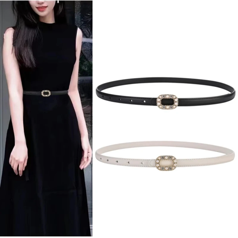여성용 우아한 진주 단추 헤드 디자인 타이트 벨트 청바지 바지 바늘 단추 벨트, 여성용 원피스 벨트, 2024
