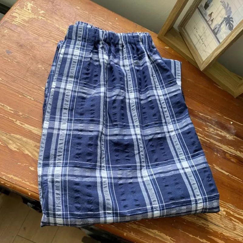 Men's Pajamas Pants Soaked Cotton Gauze Loose Comfortable Plaid Male Sleep Bottoms Trousers