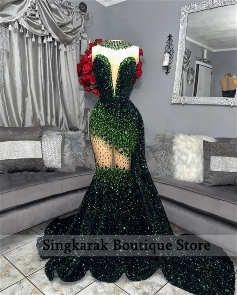 

Sparkly Green Sequins Mermaid Prom Dresses 2024 For Black Girls Crystal Beading Birthday Party Dress Homecoming Robes De Bal