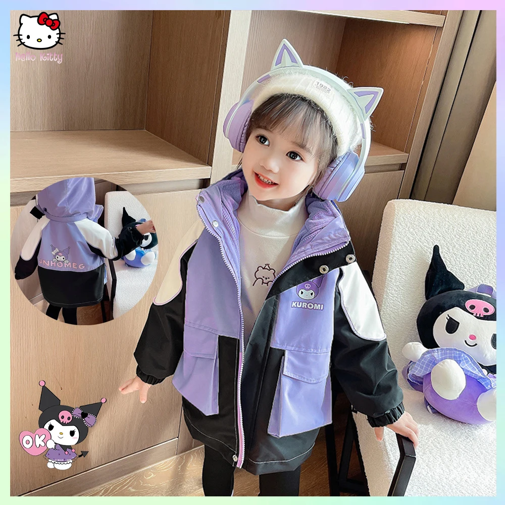 

Kuromi Sanrioed Anime Autumn Winter Coats Kids Thickening Jackets 3-In-1 Hooded Windbreaker Zipper Warm Outerwear Girl Clothes