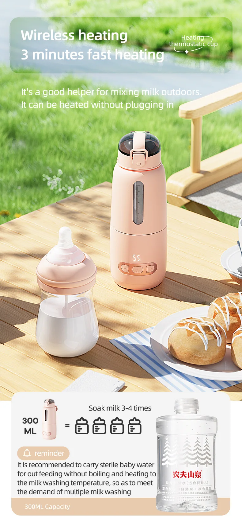 Aquecedor portátil de garrafas para leite de bebê, Carga USB com temperatura, Ajustável e Display, Carregamento rápido e aquecimento, Aquecedor sem fio
