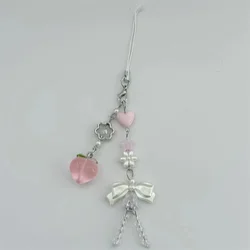 Kawaii Pink Peach Charm Pendant with Bowknot and Beads - Handmade Sweet Girl Keychain with Love Heart Design (Pink)