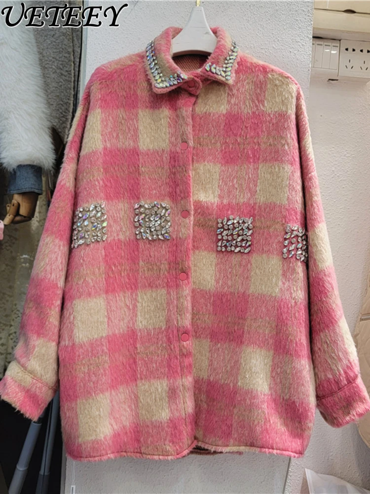 

High-Grade Pink Exit Rhinestone Plaid Coat Women's Winter Korean Style Loose Outer Wear Single-Breasted Fashionable Clothes