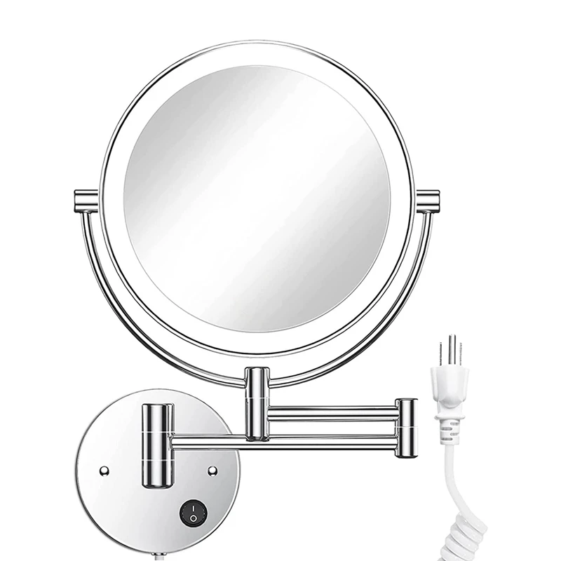 

LED Wall Mounted Hanging Mirror Round Double Sided 1X/10X Magnifying With Light Button 360 Swivel-Chrome US Plug