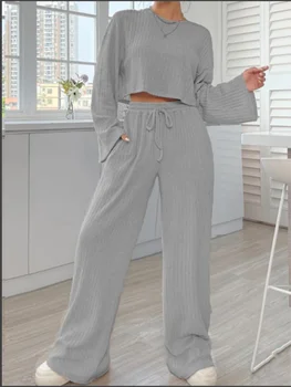 Casual Grey Long Sleeve Round Neck Suit Women's Solid Color Loose Top Trousers Autumn Sports Fashion 2 Piece Sets Women Outfit
