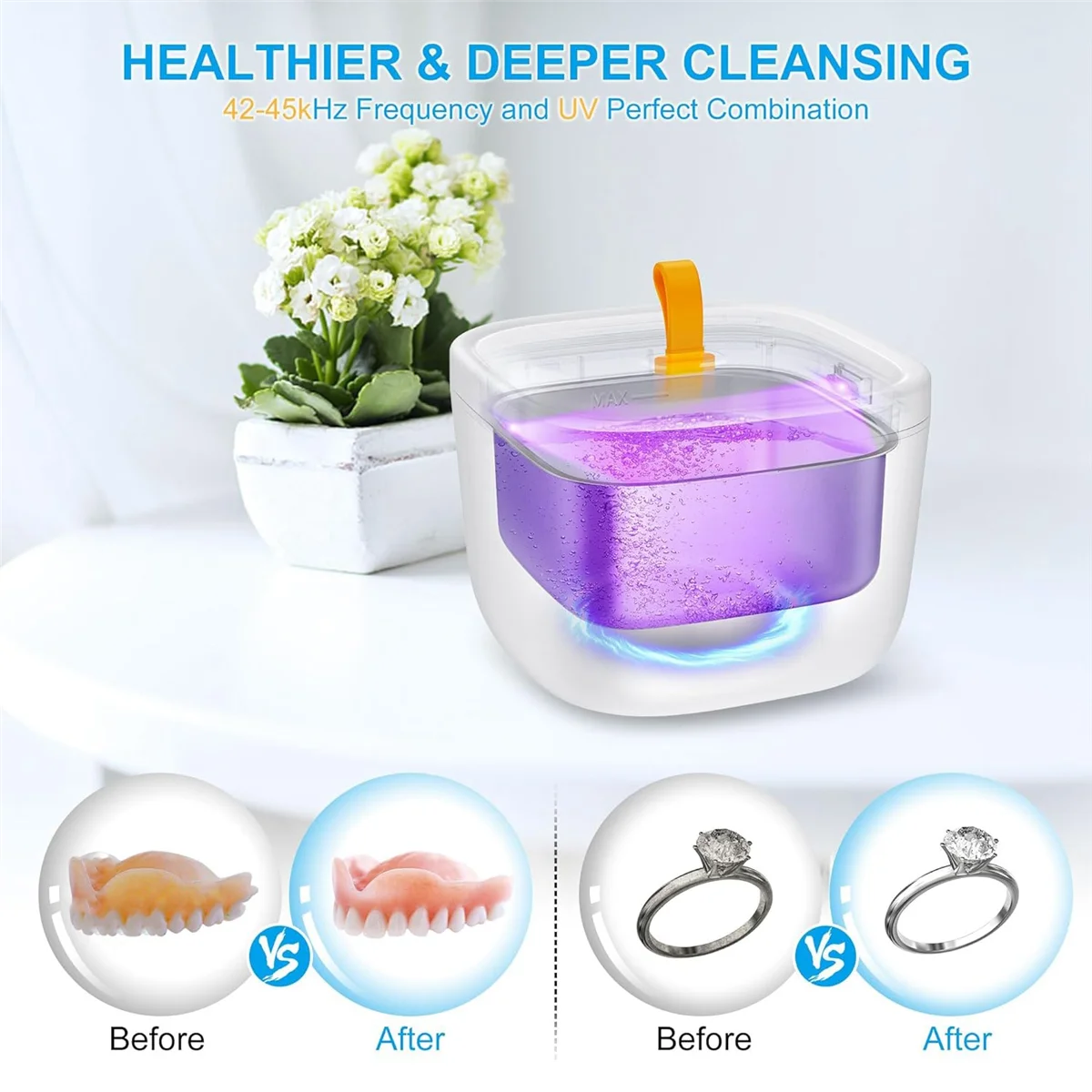 Ultrasonic Cleaner for Retainer, Denture, Mouth Guard, Toothbrush Head, 43KHz 255ML Ultrasonic Retainer White EU Plug
