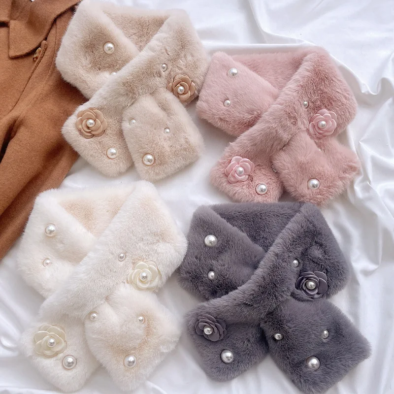 Women Chic Pearl Flowers Scarf Faux Rabbit Fur Collar Cross Plush Scarf Female Winter Thicken Neck Protection Warm Shawl