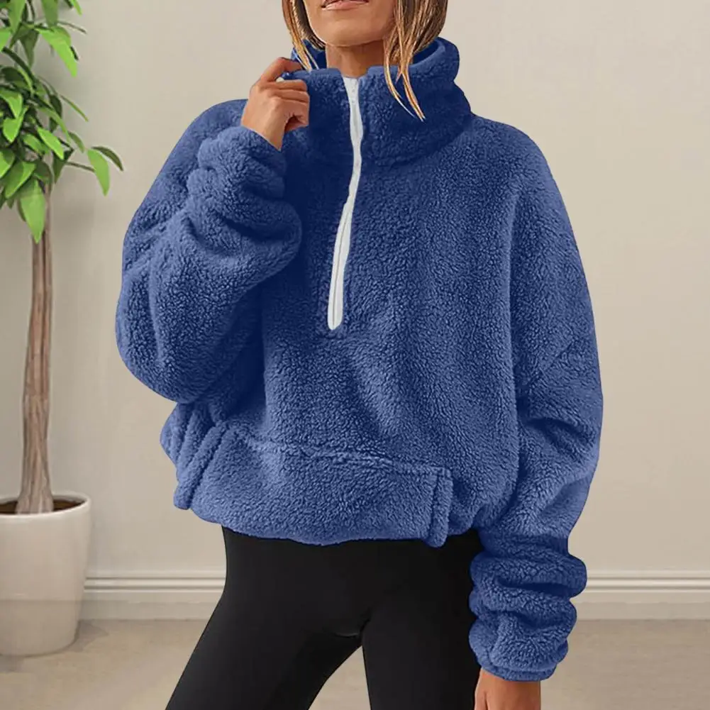 

Solid Color Sweatshirt Warm Mid Length Women's Sweatshirt with Stand Collar Zipper for Fall Winter Women Fashion Sweatshirt