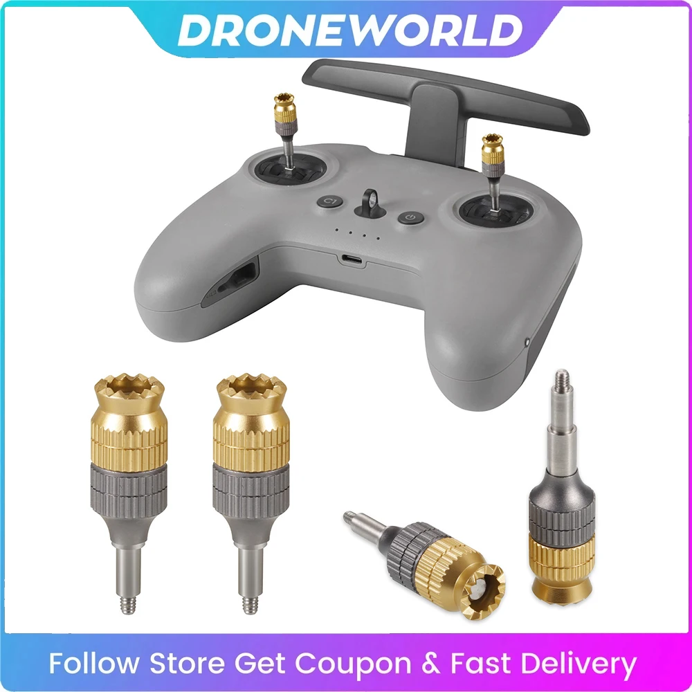 Vue rapprochée des joysticks télescopiques pour DJI FPV, avec embouts en silicone antidérapants.
