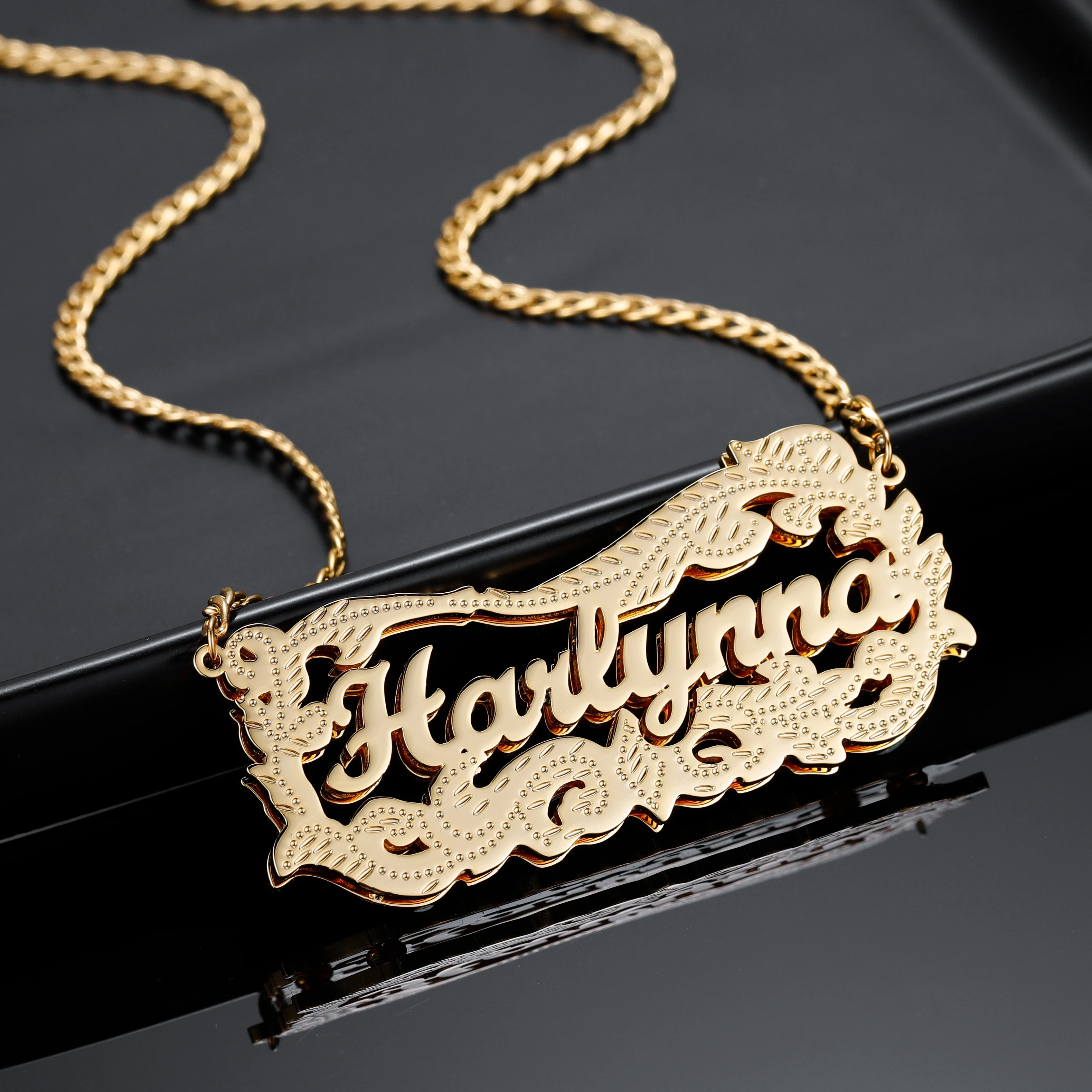 18K Plated Gold Yellow Custom 3D Double Names Chain Nameplate Pendant Necklace With Chain For Women Personalize 3D Jewelry Gifts