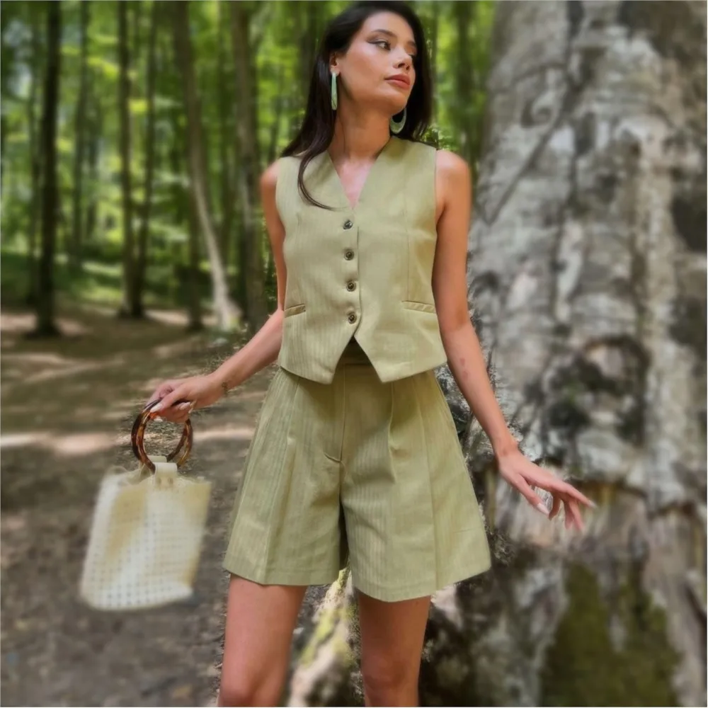 MESCHUNEY TRAF Waistcoat Shorts Set V Neck Vest Blazer Top+High Waist Slim Shorts Women Suits 2024 Summer Vintage 2 Piece Sets