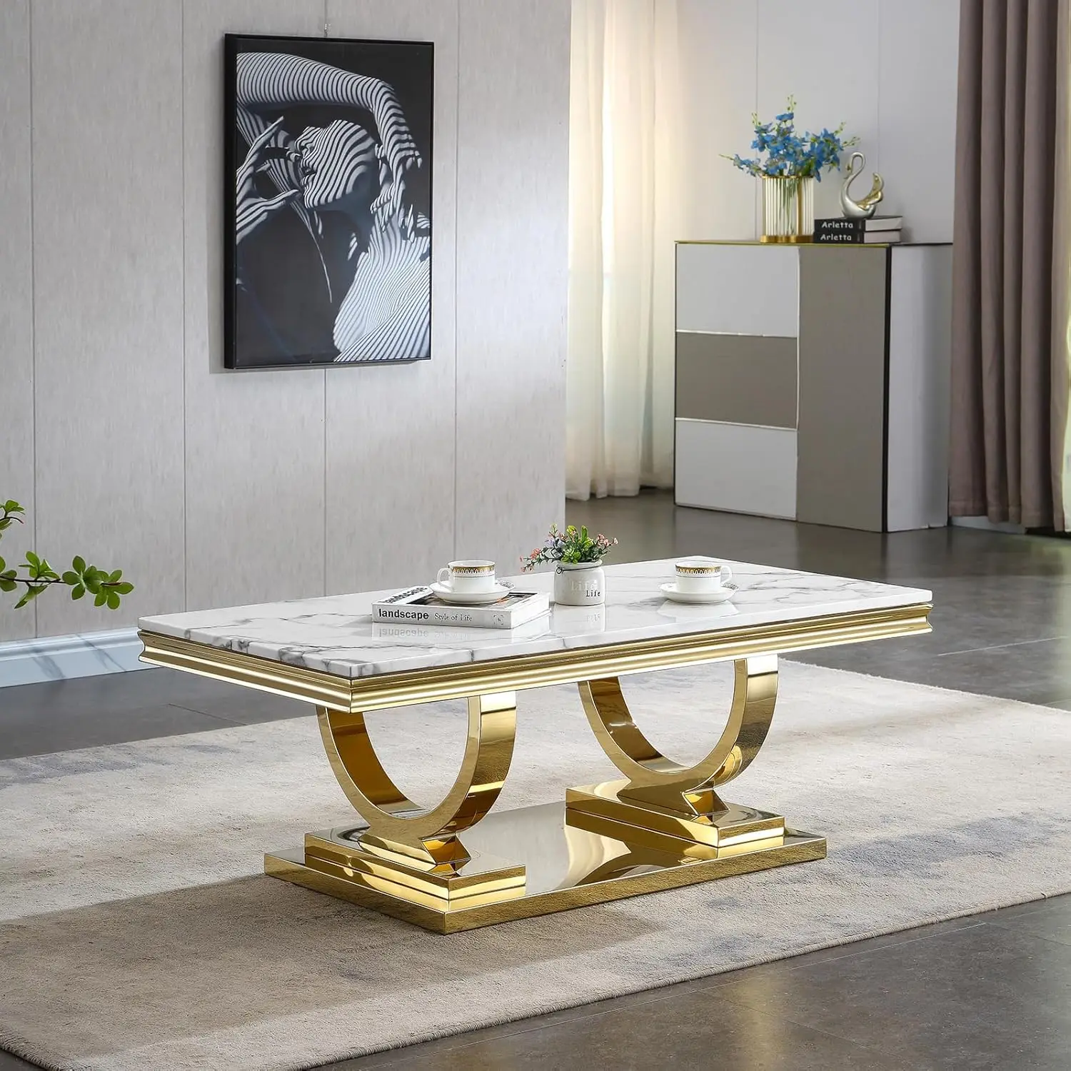 Modern Marble Coffee Table, Rectangular White and Gold Marble Tea Table for Living Room (Gold) 2