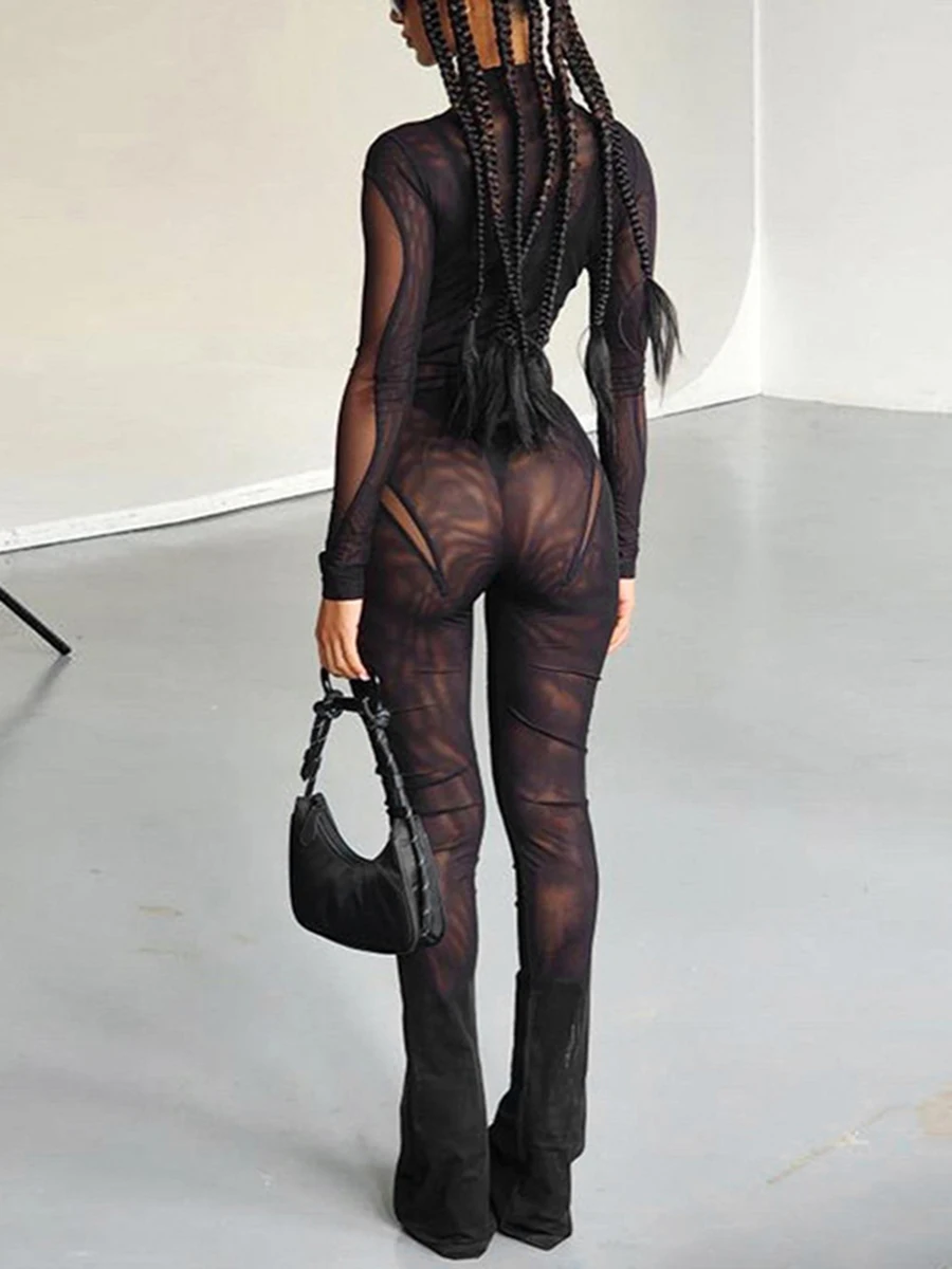 

Women Outfits Mesh Sheer Bodycon Jumpsuit Yoga Long Sleeve See Through Party Jumpsuits Patchwork Bodysuit
