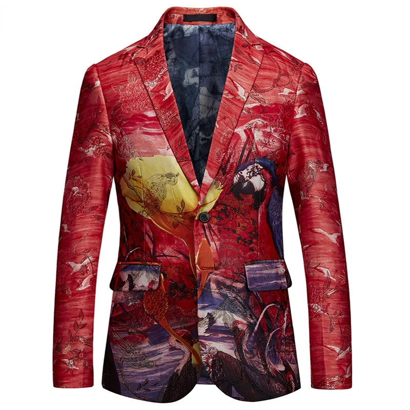 

Fashion Bird Print Red Suit Jacket Men Single Breasted Notched Lapel Slim Fit Blazers Mens Wedding Party Prom Singer Costumes
