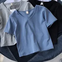 Ele ort Sve V-Ne T-irt Women's High Waist Top Spring Summer New Design Pure Color Faionable Korean Sle