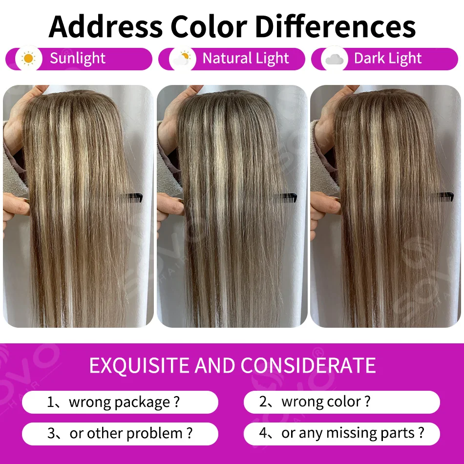 Topper per capelli umani lisci con riflessi per donna 10x12CM, base in pelle con 4 clip, capelli veri traspiranti - immagine 5