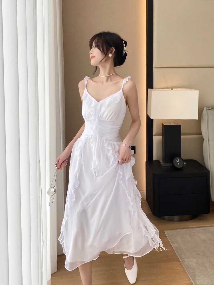 

Женское летнее платье на бретельках, белое элегантное сказочное платье во французском стиле с оборками, 2023