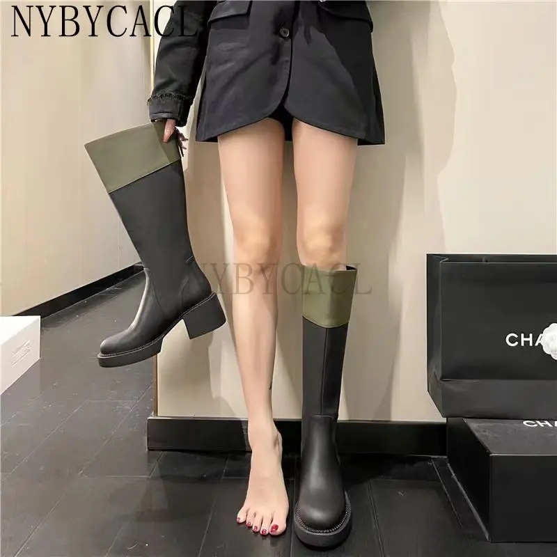 Fall Winter Women's Long Boots Leather Zip Shoes For Women Square Heel Female Fashion Platform High Heeled Botas Mujer New 2023