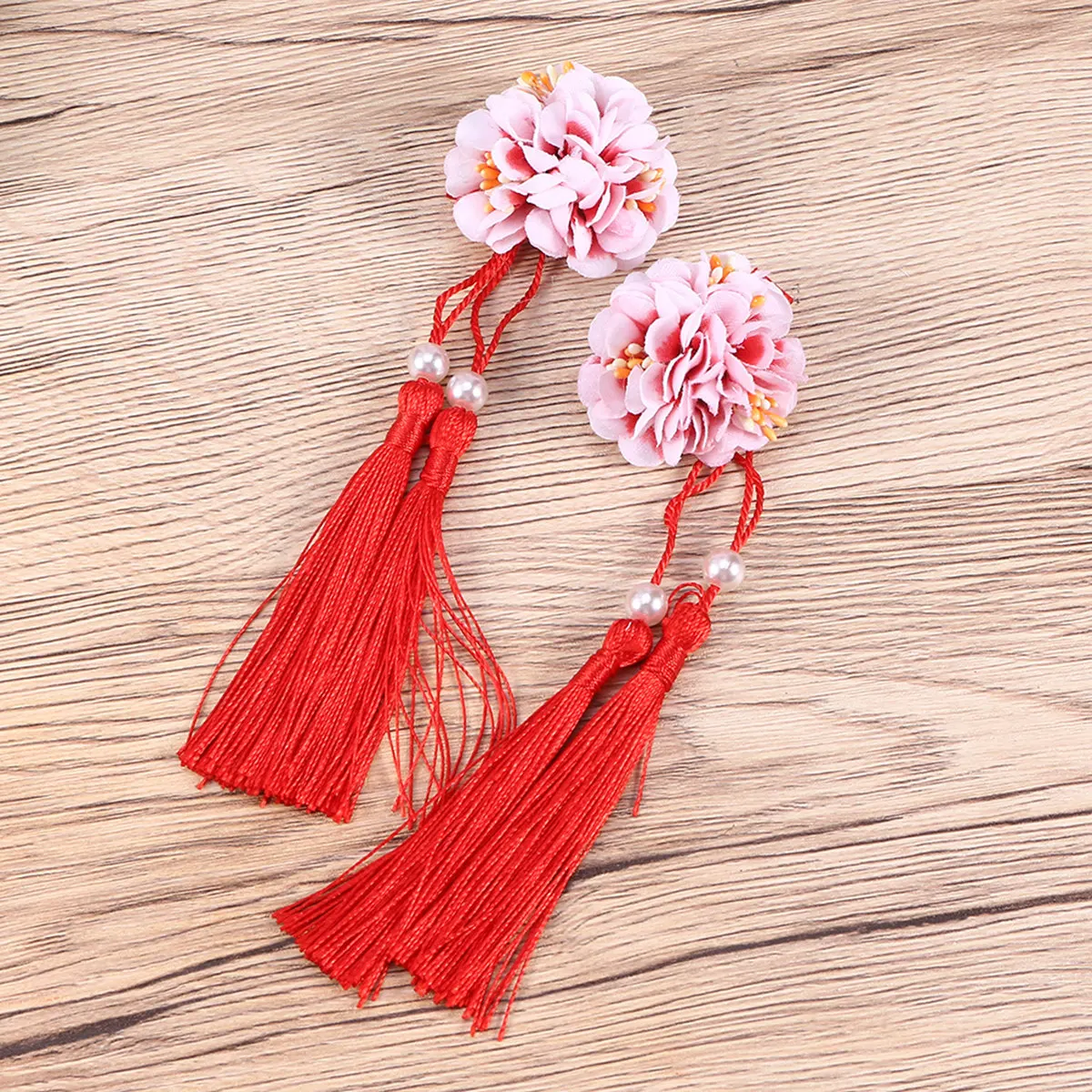 2Pcs Tassels 헤어 클립 꽃 모양 긴 천 머리핀 스타일 헤어 액세서리 그라데이션 레드 데일리 착용