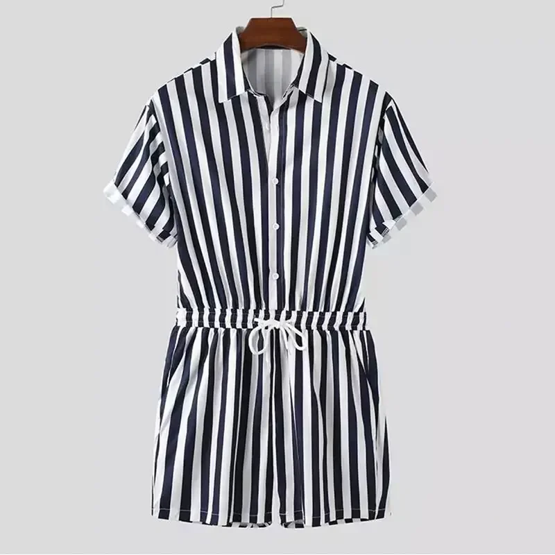2023 Men’s Striped Rompers Fashion Casual Playsuit Short Sleeve Button Shorts Lapel Jumpsuit Drawstring Streetwear