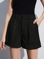 Black Women's Oversized Woven Solid Color Casual Shorts Comfortable Loose Fit High Waist Knee-Length Summer Fashion Black