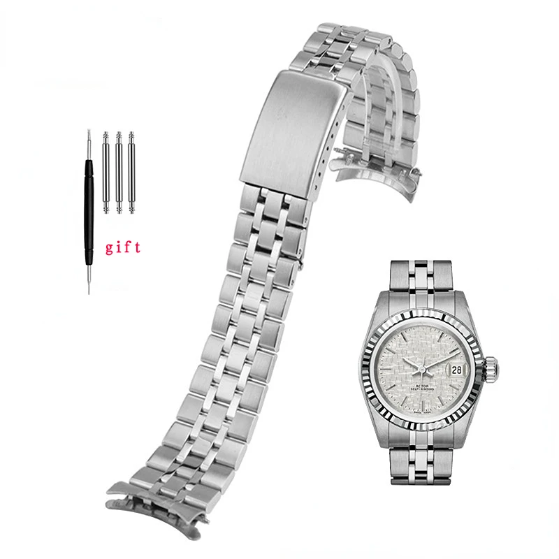 Curved End Metal Watchband with Folding Buckle - Solid Stainless Steel Strap Bracelet