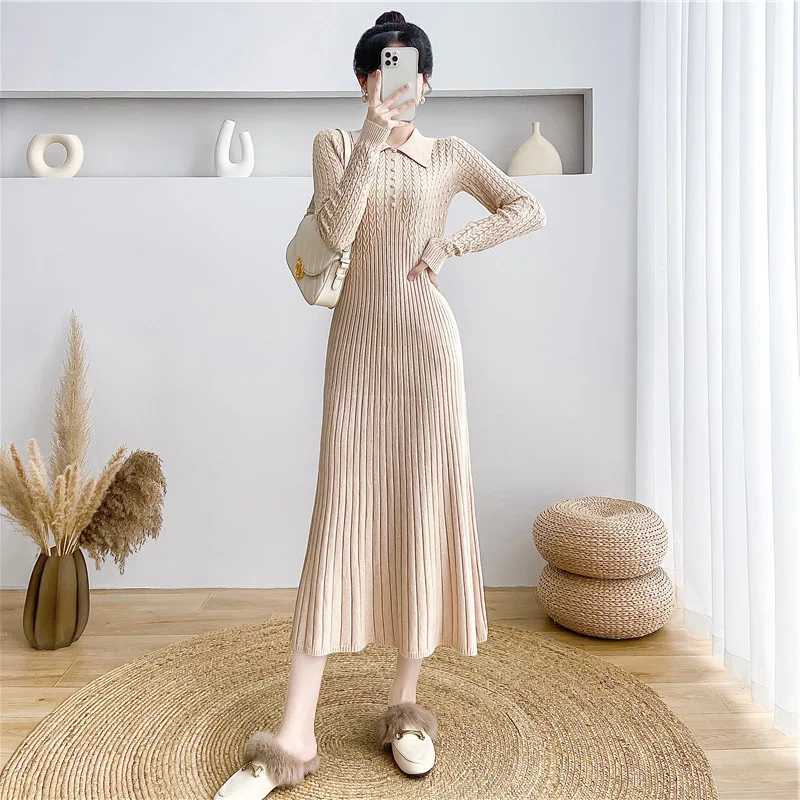 Ribbed Autumn Knit Long Dress For Women Fashion High Waist Elegant Solid Long Sleeve Dress Lapel Loose Knitwear Maxi Dress