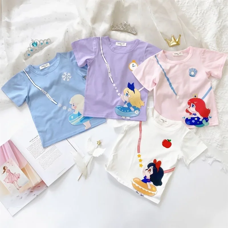 thumbnail image 1 of Nuevas camisetas coloridas de princesa con estampado de dibujos animados, informales, holgadas, transpirables, con mangas y cuello redondo, para mujeres y niños, verano coreano, 1 of 4