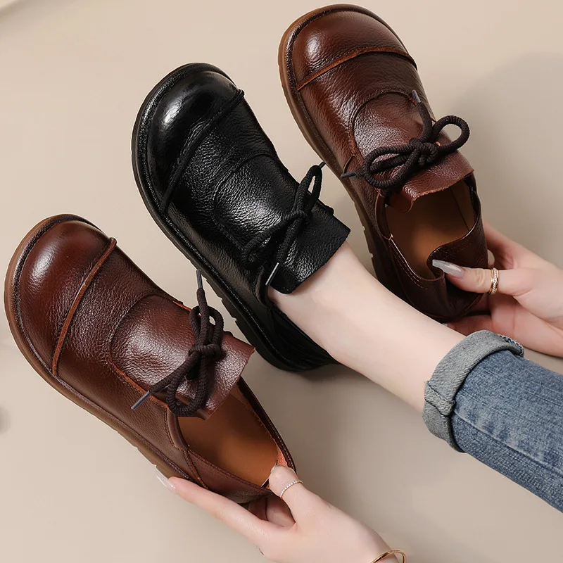 Xiuteng Genuine Leather Handmade Flat Shoes Platform Round Toe Thick Soled Retro Totem Comfortable Lady Lace Shoes