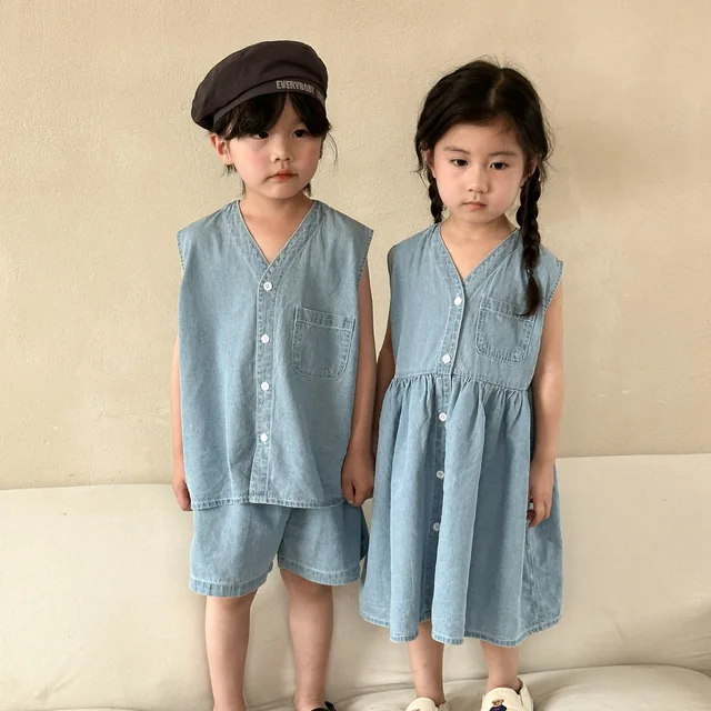 Denim Boy And Girl Outfits Summer Children Denim Suit Retro
