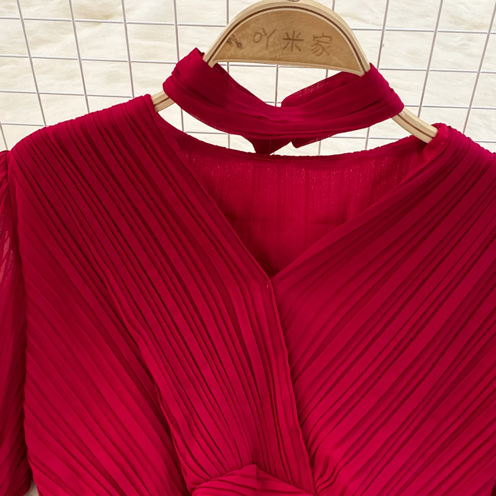 Autumn Flare Sleeve V-neck Midi Dresses for Women Solid Pleated A-line Elegant Party Dress Korean Fashion One Piece Vestidos New