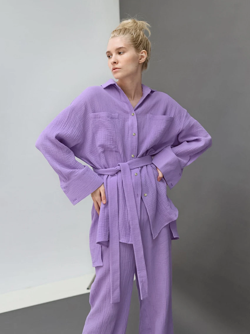 Marthaqiqi Solid Cotton Long Sleeve Women Sleepwear Set Loose Turn-Down Collar Nightwear Drawstring Trousers 2 Piece Pajama Suit