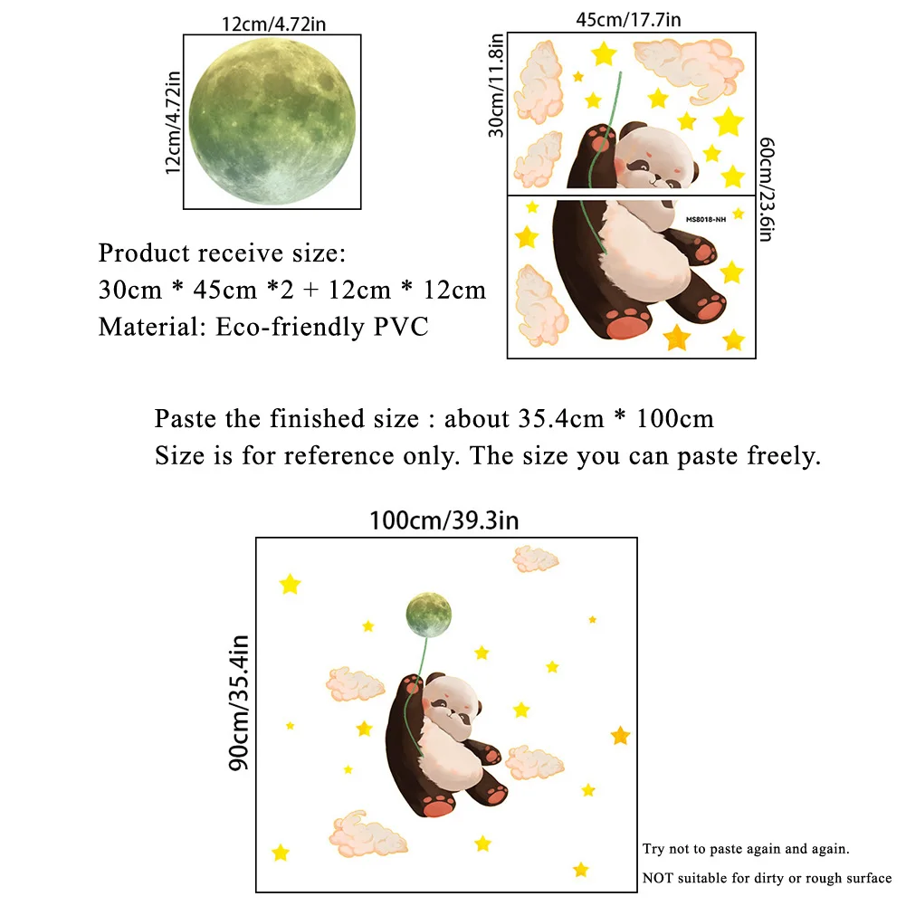 Panda Moon Luminous Wall Sticker Baby Kids Room Bedroom Home Decor Clouds Stars Decals Glow In The Dark Decorations Stickers
