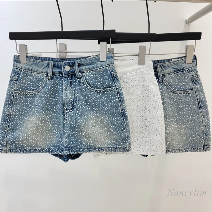 

Light Blue Denim Skirt Women's All-Matching Slim Fit 2024 New Niche Diamond-Embedded Fashion Temperament Mini Skirts