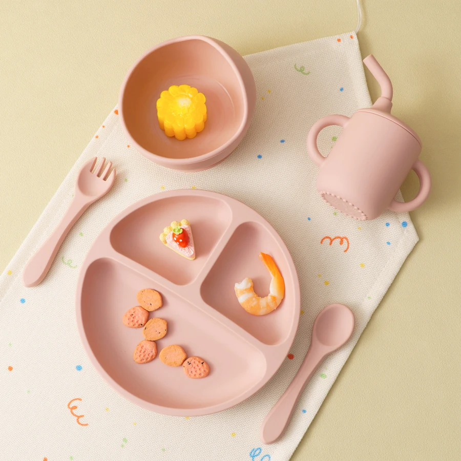 5PCS Baby Silicone Tableware Set Suction Bowl Plate Soft Utensils Sippy Cup Baby Stuff Feeding Training Sets For Baby 3