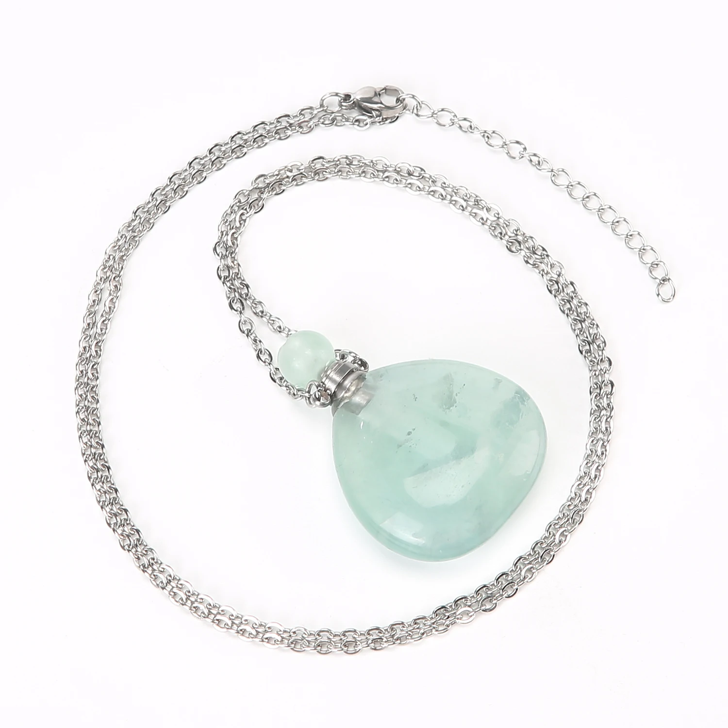 VGDS Natural Crystal Green Fluorite Water Drop Inverted Heart Perfume Bottle Necklace Pendant Stainless Steel Accessories Opened